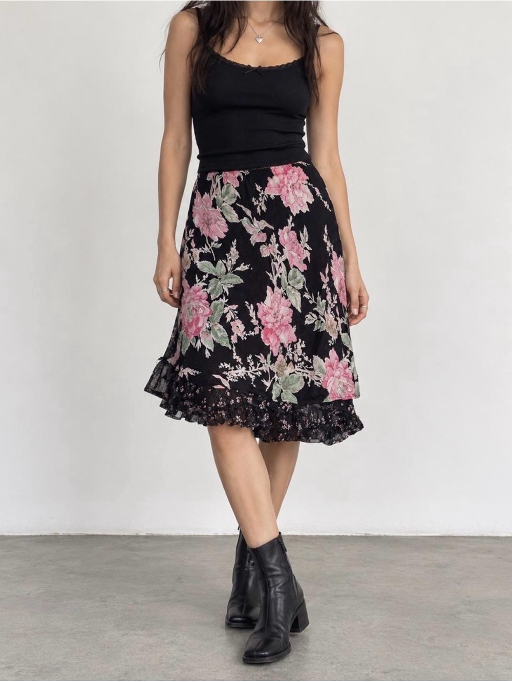 Asymmetrical Floral Midi Skirt in Black and Pink